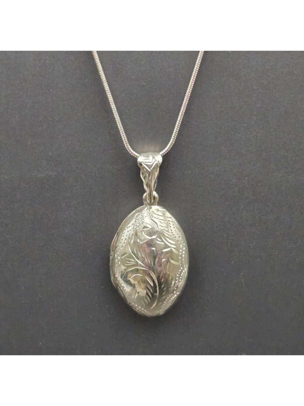 Sterling Silver Oval Locket Floral Engraved Pendant Snake Chain Necklace 17"